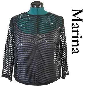 Marina Sequin Lace Top Large Black Back Zip 3/4 Sleeve Evening Party Chic